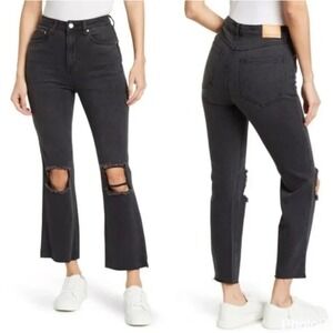 Avec Les Filles Cropped Flare Jeans 26 Distressed Raw Hem black Wash Denim